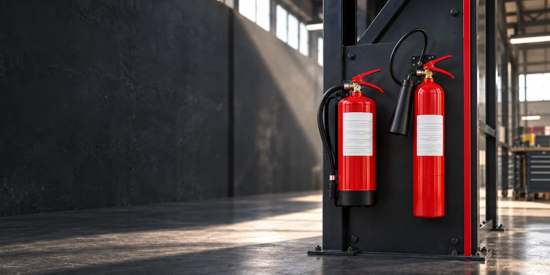 Deux extincteurs, à poudre et CO₂, sur une station de sécurité. Visuel illustratif.