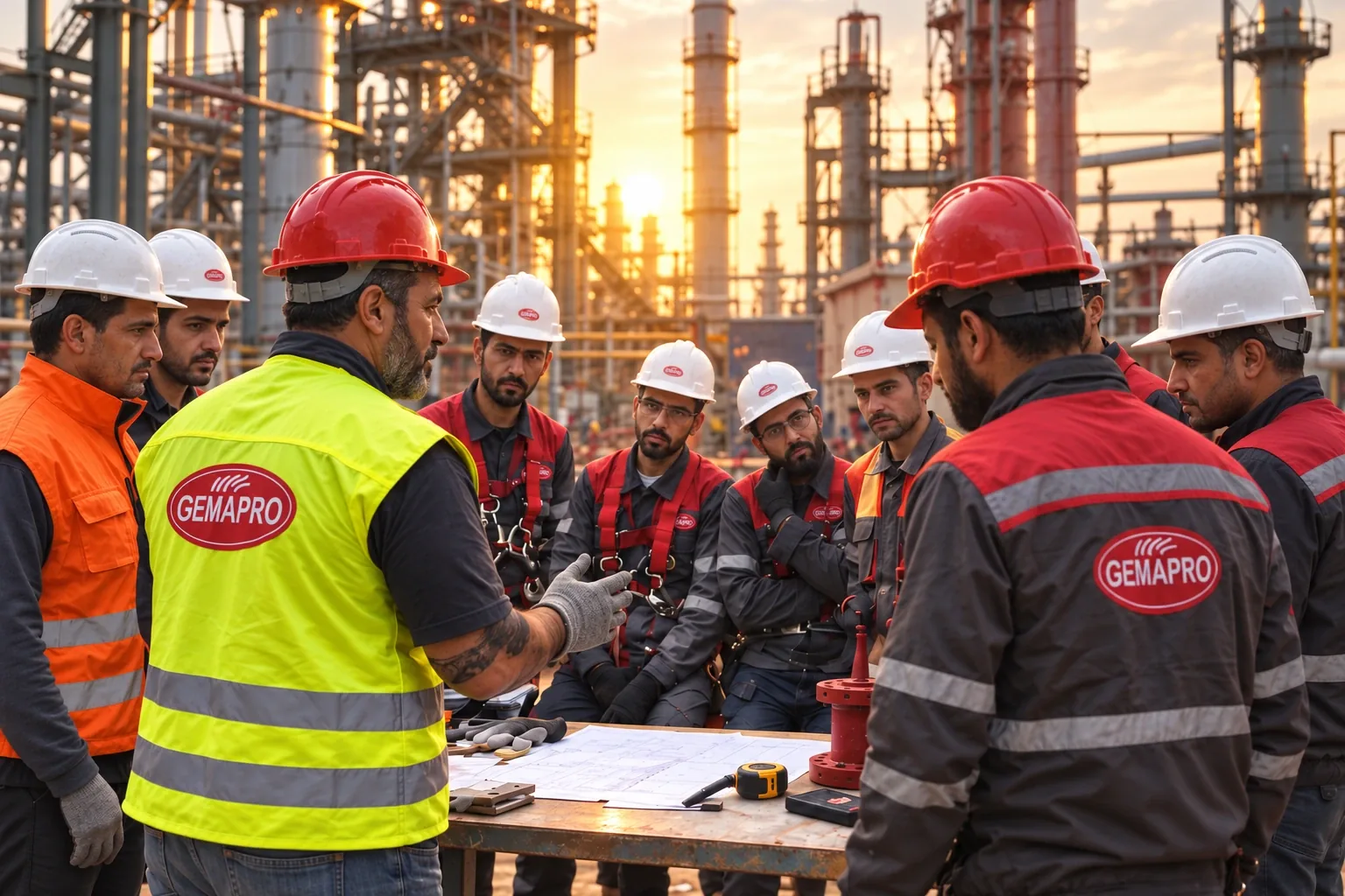 Équipe GEMAPRO réunie autour de plans pour préparer la protection incendie d’un site industriel.